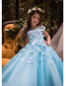 Beaded Blue Tulle 3D Flowers Keyhole Back Flower Girl Dress